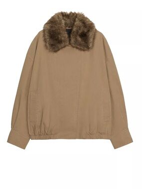 Zara Camel Bomber Jacket with Faux Fur Trim